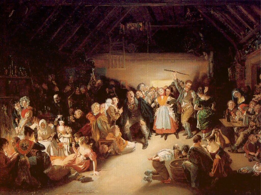 Samhain is a Gaelic festival marking the end of the harvest period and the start of winter, the 'darker half' of the year. Samhain is one of four Gaelic seasonal festivals, the other three being Imbolc, Beltaine, and Lughnasa. This painting by Daniel Maclise, Snap-Apple Night (1833) highlights Irish revelers playing divination games. 